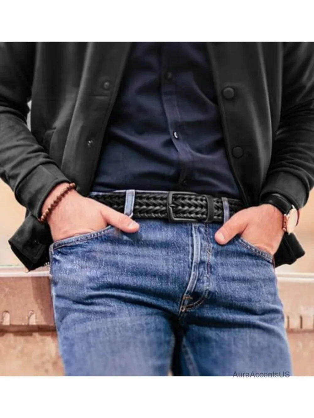Men's Woven Braided Leather Belt, Adjustable Holeless, Golf Casual